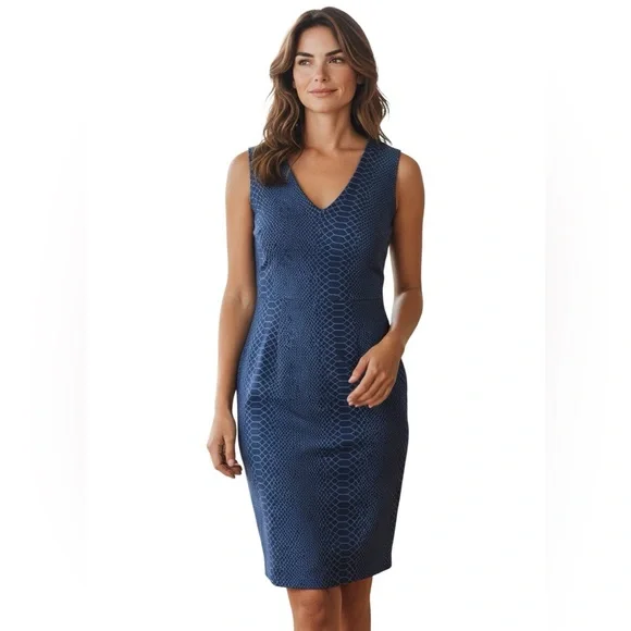 TOMMY HILFIGER Blue Snakeskin Sheath Dress Sleeveless Medium Size 10 Spandex 4% - Picture 1 of 16